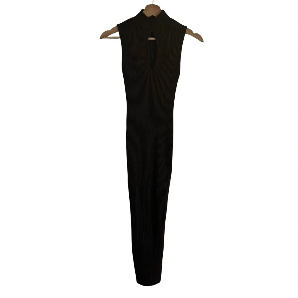 Zara Brown Bodycon Dress midi sleeveless ribbed keyhole front. - Picture 3 of 6